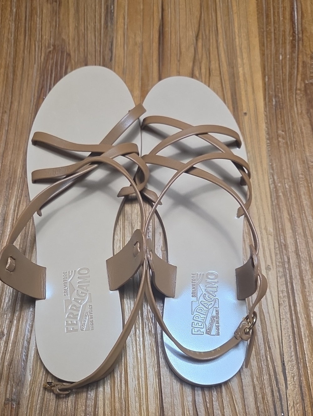Salvatore Ferragamo Light Brown Strappy Flat Sandals